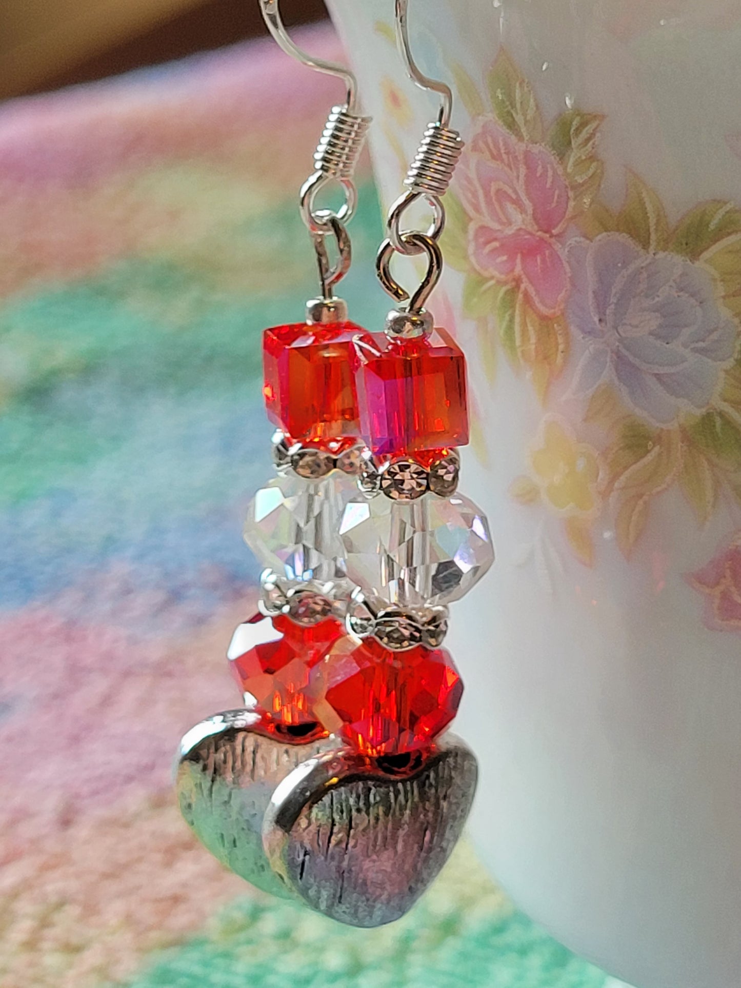 Artisan Elegant RED Crystal Silver HEART Dangle Drop Earrings French Wire