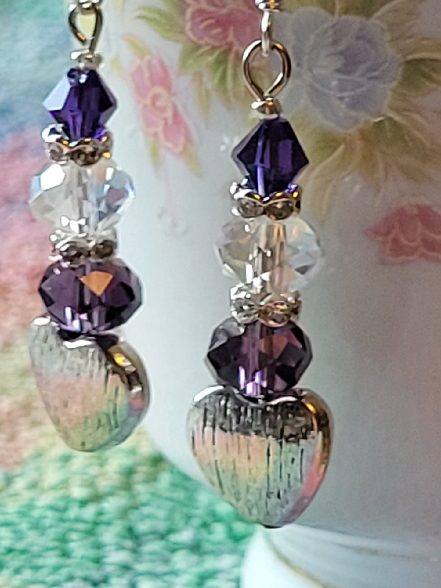 Artisan Elegant PURPLE Crystal Silver HEART Dangle Drop Earrings French Wire