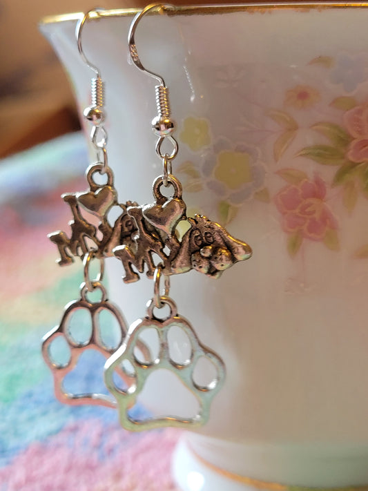 I LOVE ❤️ My 🐕 Dog PAW Print Dangle Drop Style Wire Earrings Pierced