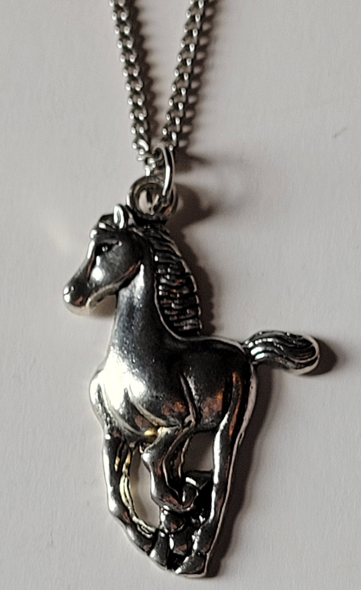 Galloping Horse Pendant Necklace Long 30" Chain Silver