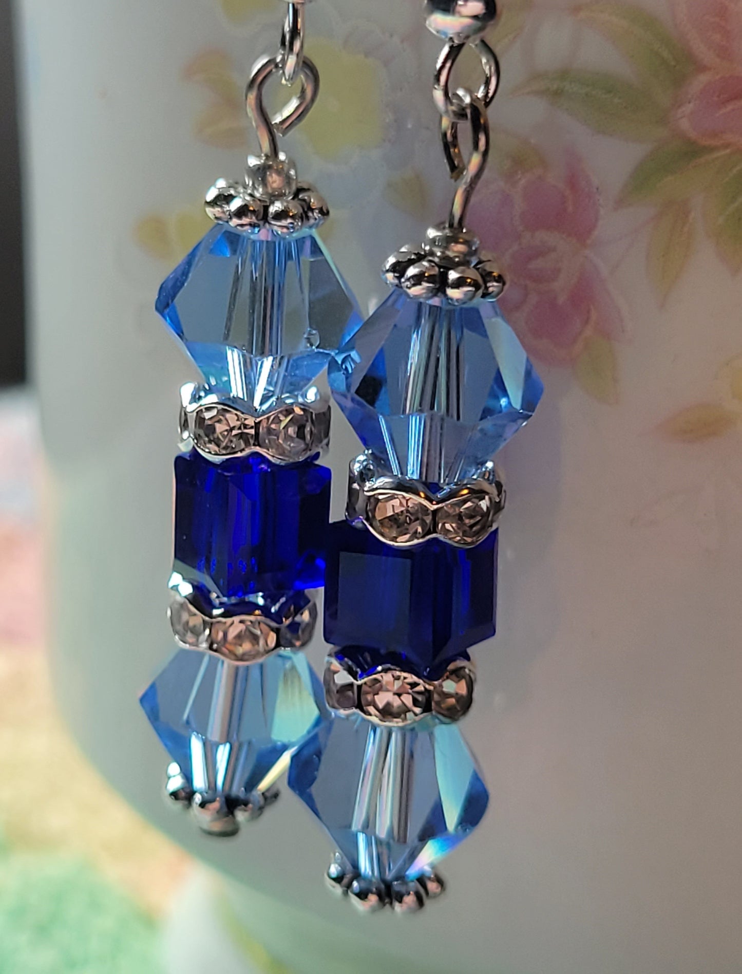 Artisan Elegant Two Tone  BLUE Crystal Dangle Drop Silver Earrings French Wire