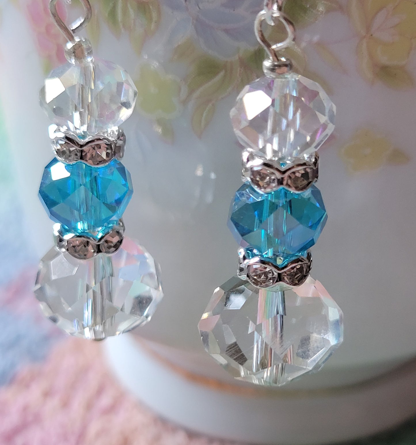 Artisan Elegant Hint of TEAL BLUE Crystal Dangle Drop Silver Earrings