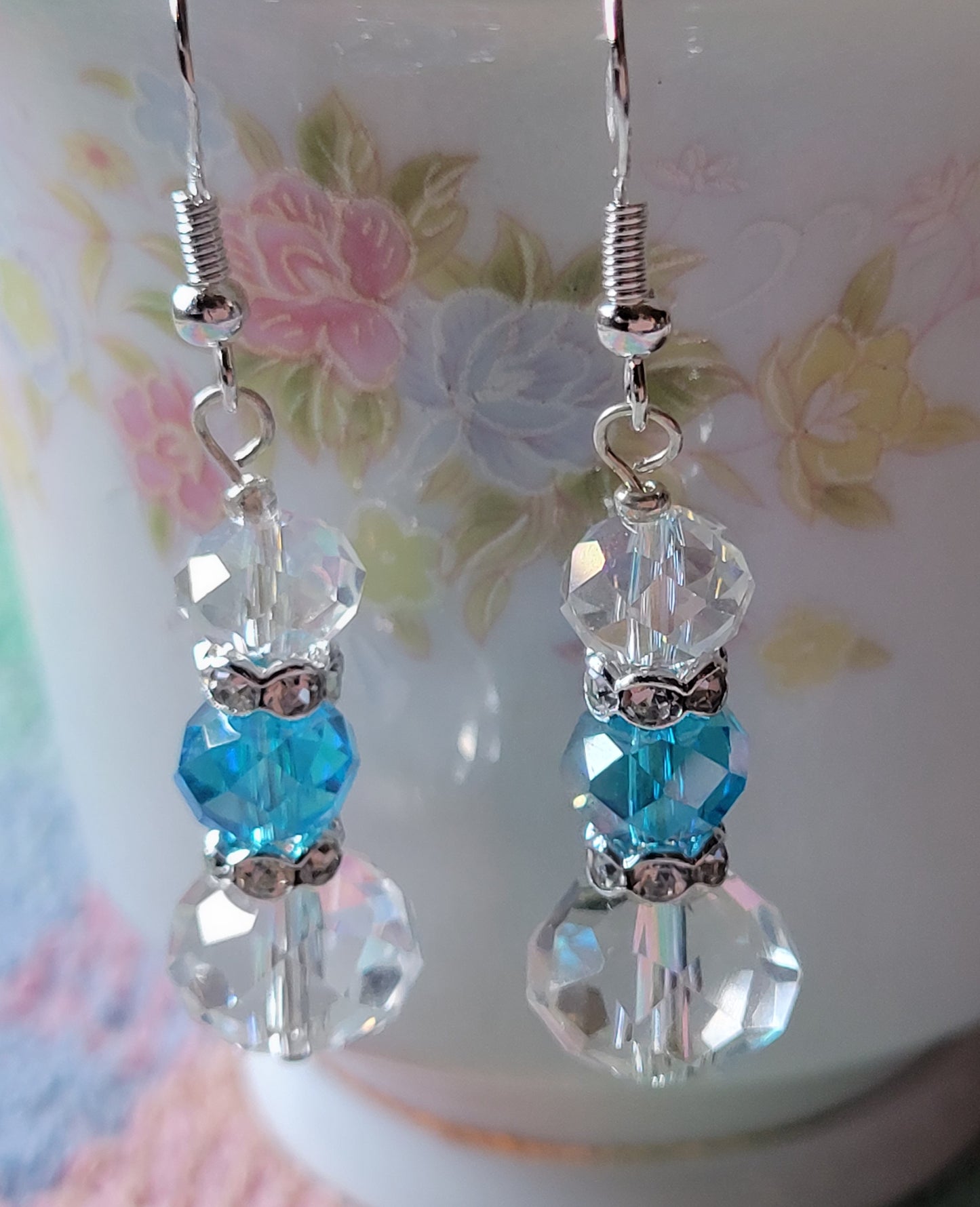 Artisan Elegant Hint of TEAL BLUE Crystal Dangle Drop Silver Earrings