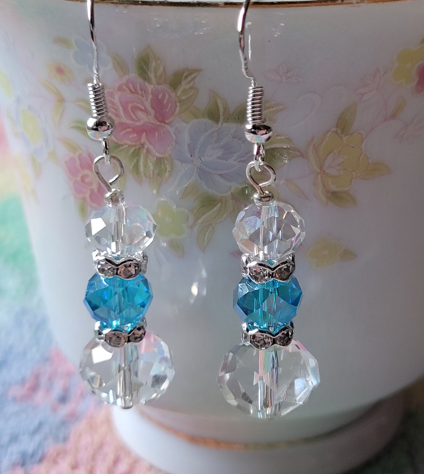 Artisan Elegant Hint of TEAL BLUE Crystal Dangle Drop Silver Earrings
