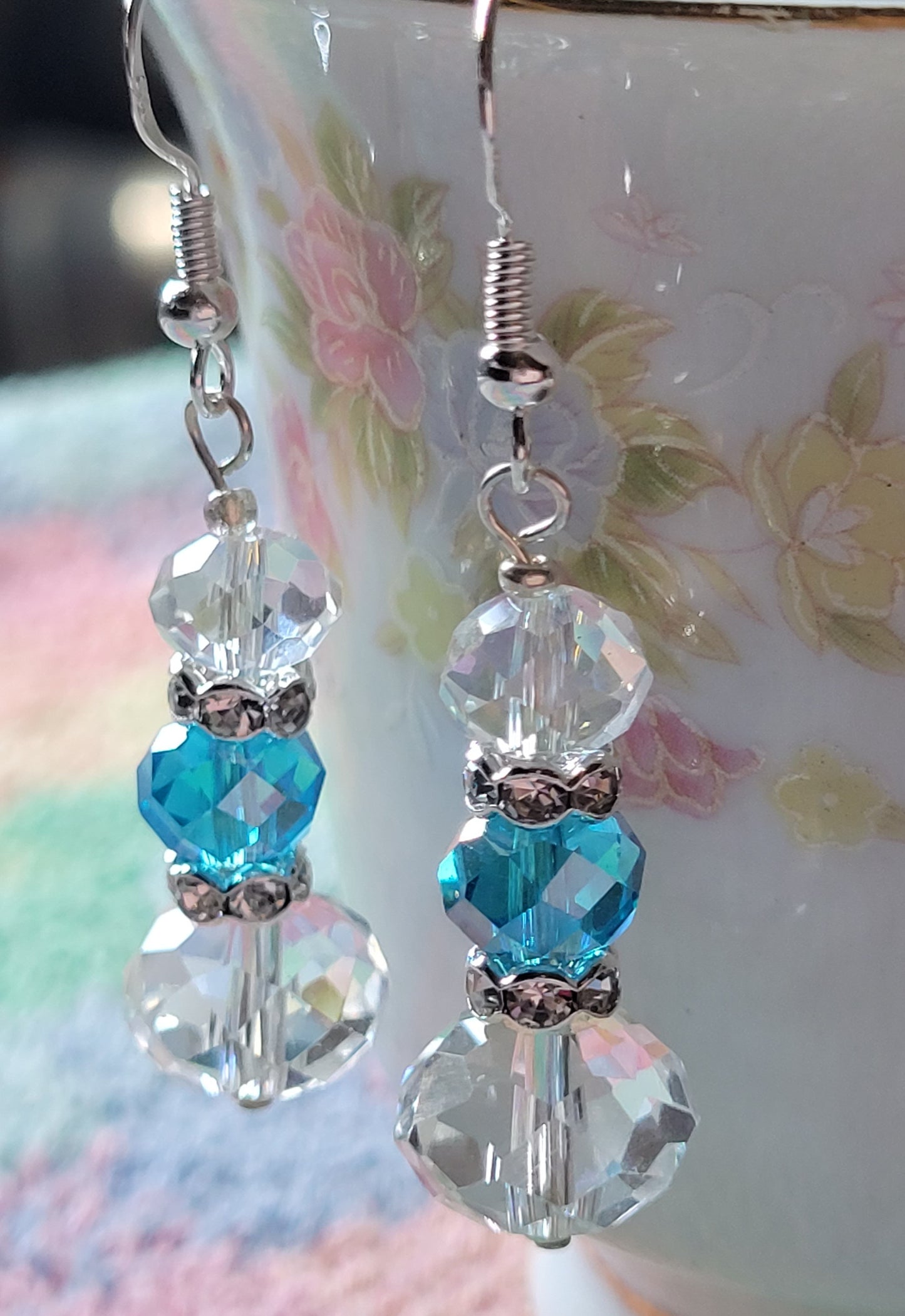 Artisan Elegant Hint of TEAL BLUE Crystal Dangle Drop Silver Earrings