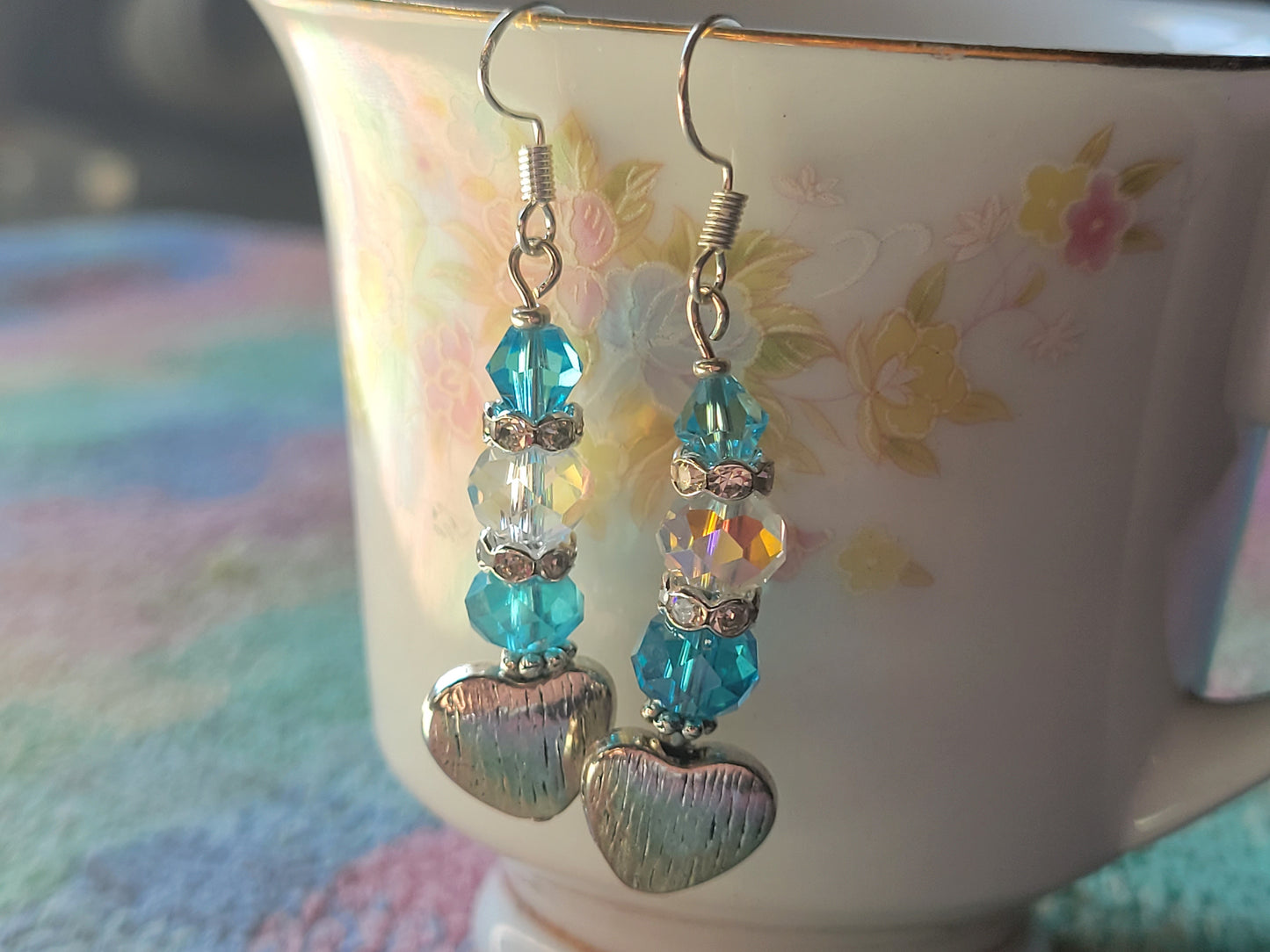Artisan Elegant Turquoise HEART Crystal Dangle Drop Silver Earrings Rhinestones
