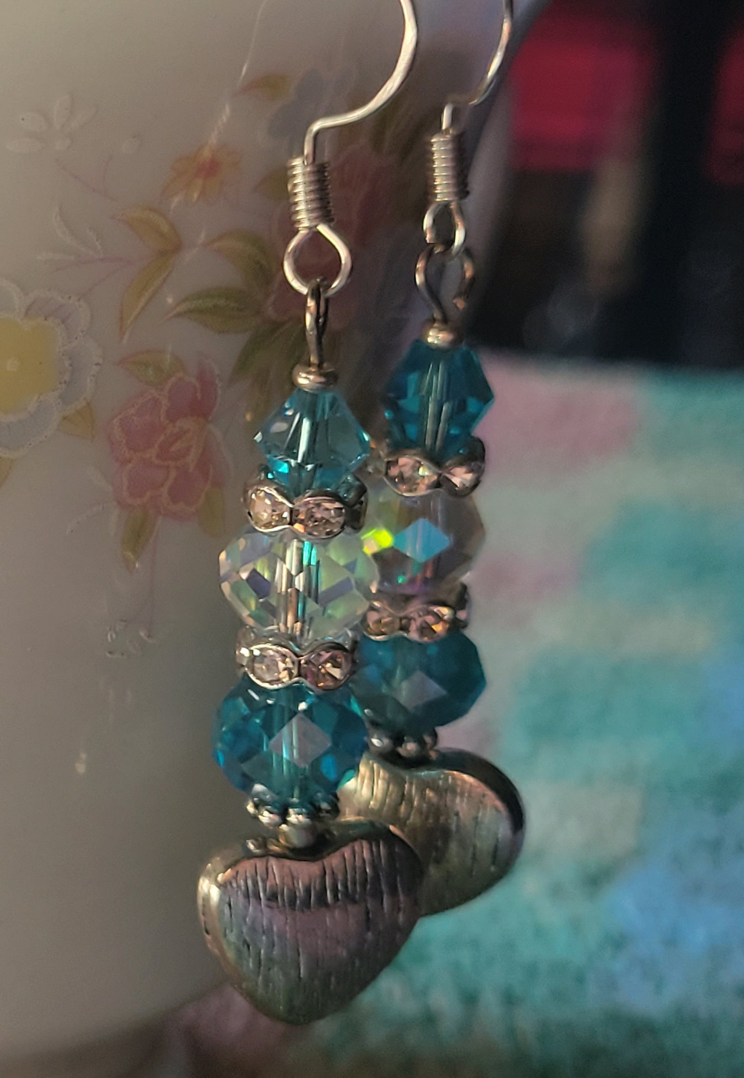Artisan Elegant Turquoise HEART Crystal Dangle Drop Silver Earrings Rhinestones
