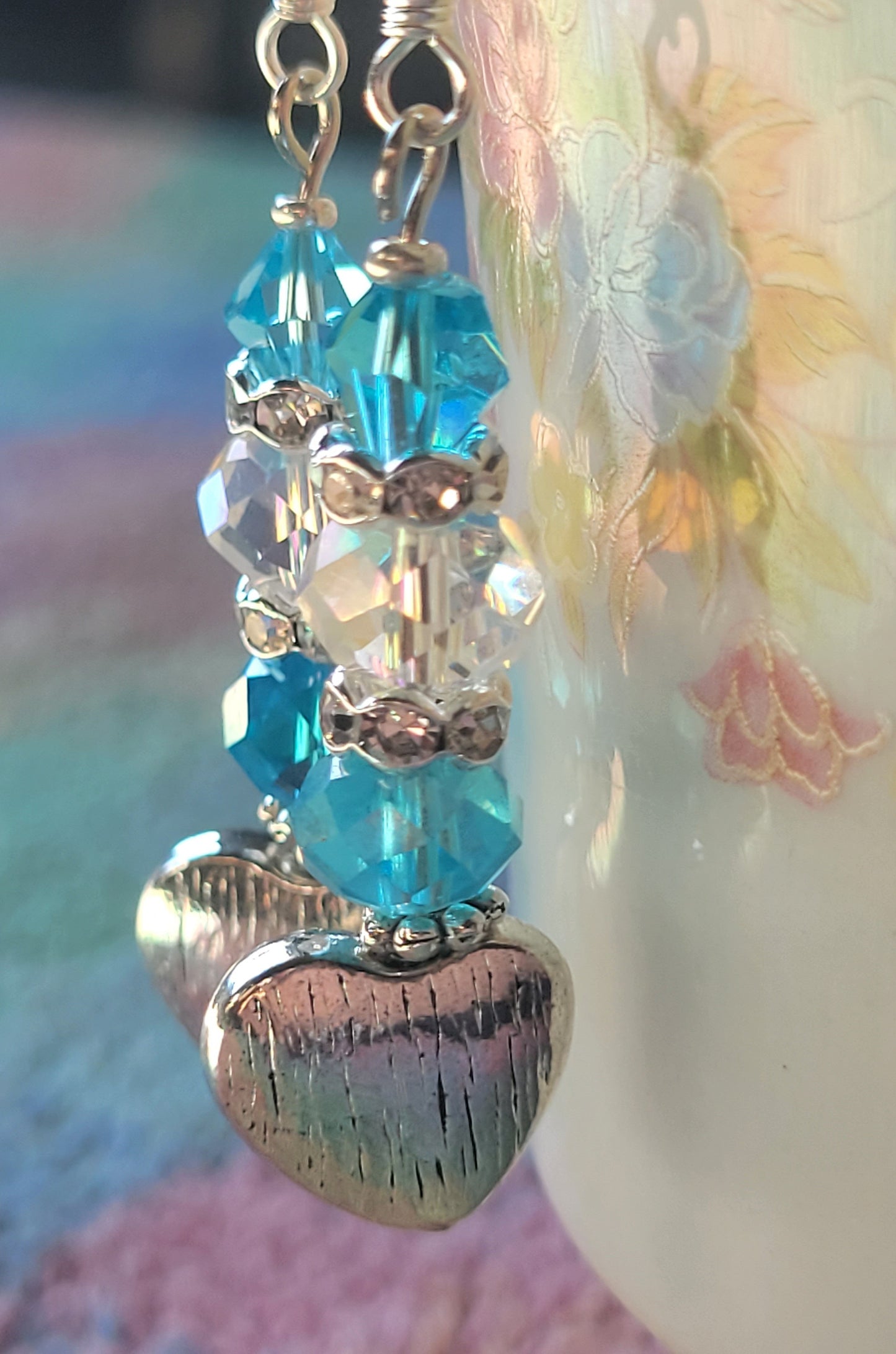 Artisan Elegant Turquoise HEART Crystal Dangle Drop Silver Earrings Rhinestones