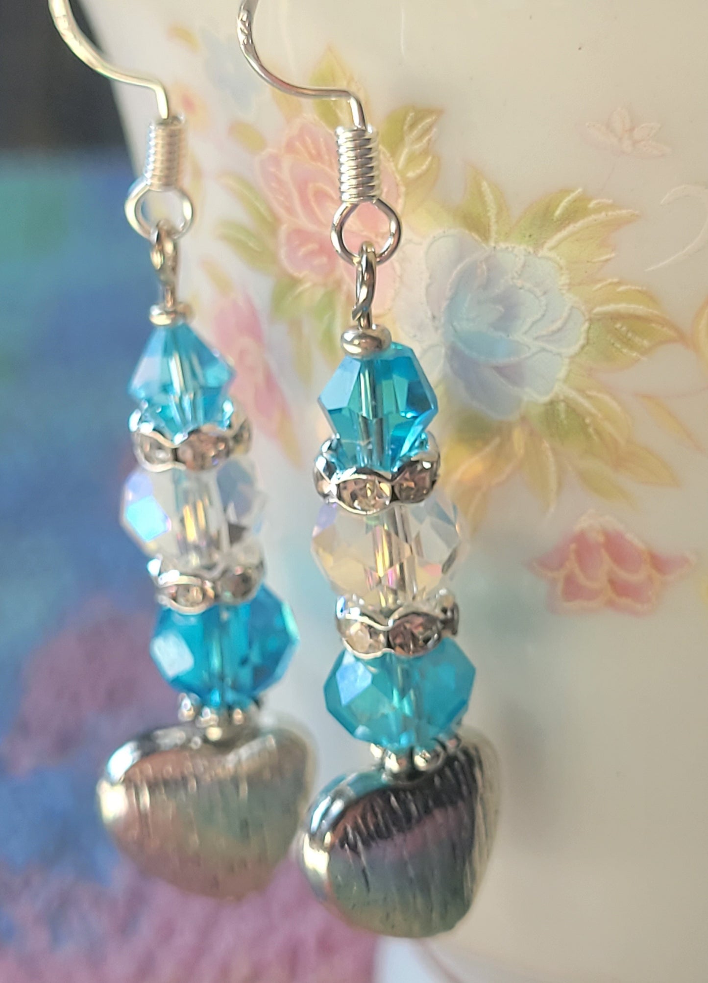 Artisan Elegant Turquoise HEART Crystal Dangle Drop Silver Earrings Rhinestones
