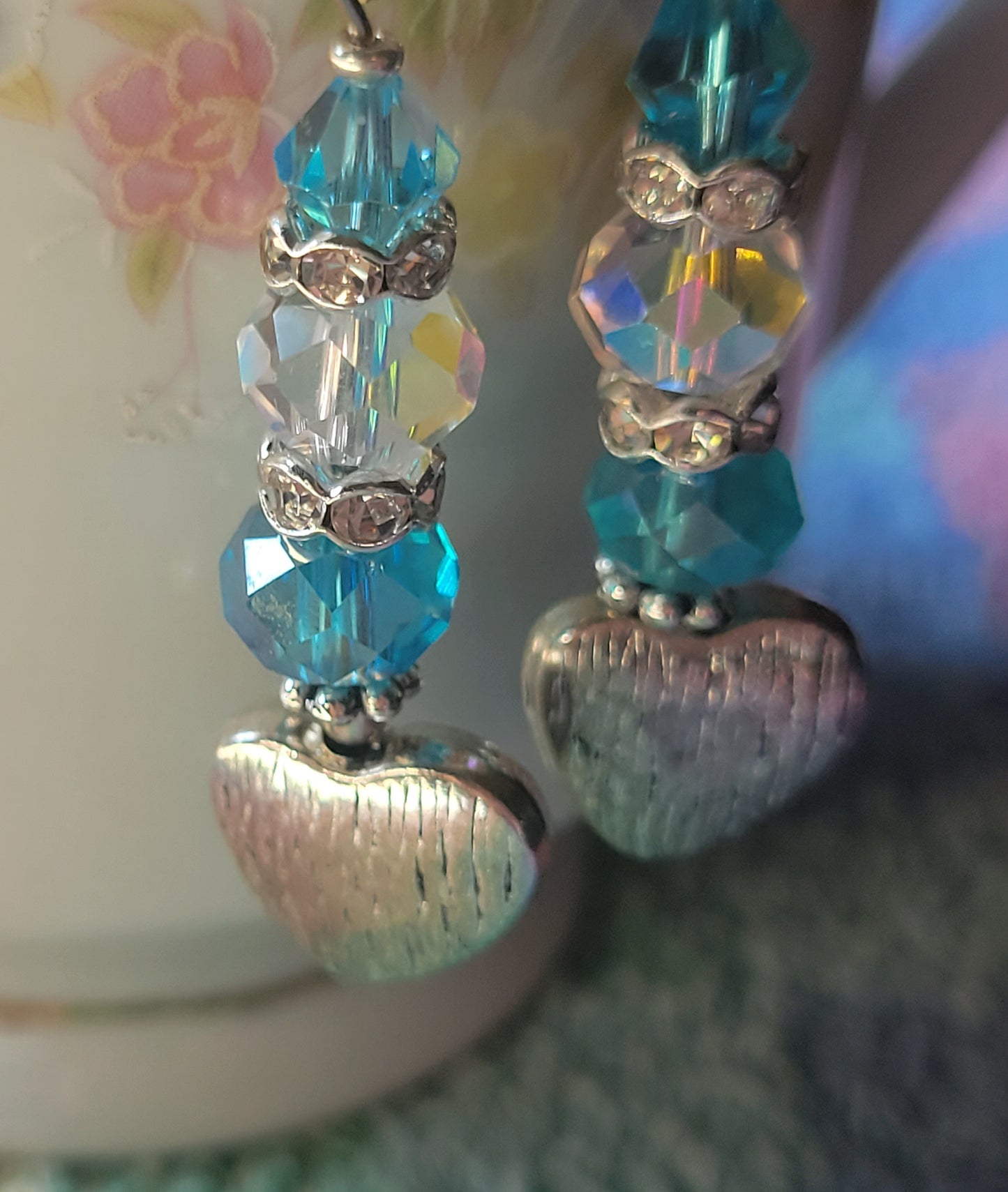 Artisan Elegant Turquoise HEART Crystal Dangle Drop Silver Earrings Rhinestones