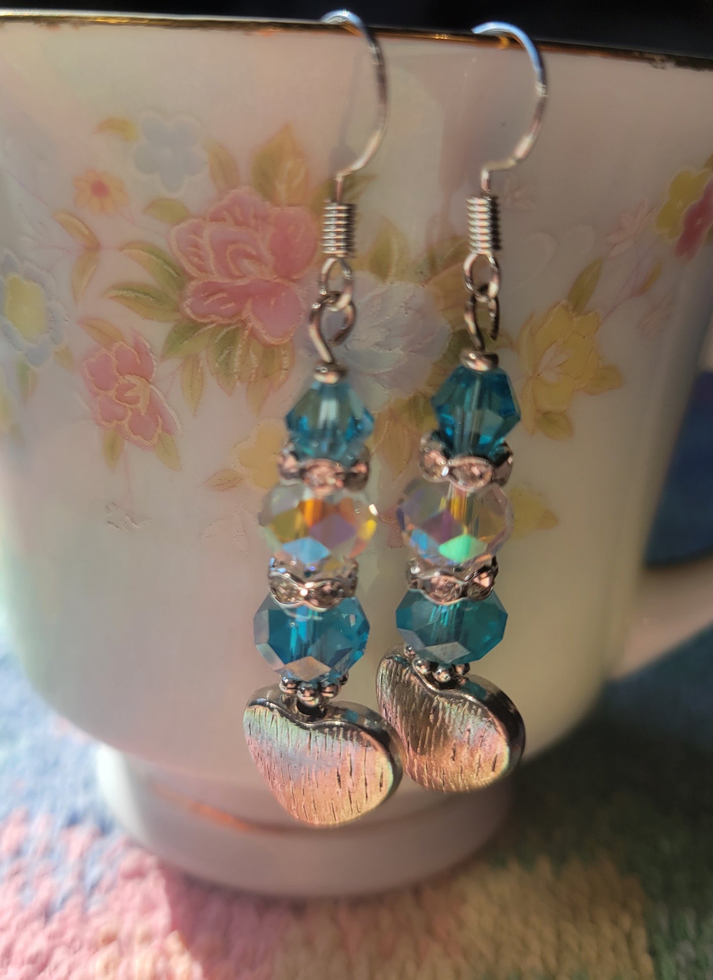 Artisan Elegant Turquoise HEART Crystal Dangle Drop Silver Earrings Rhinestones
