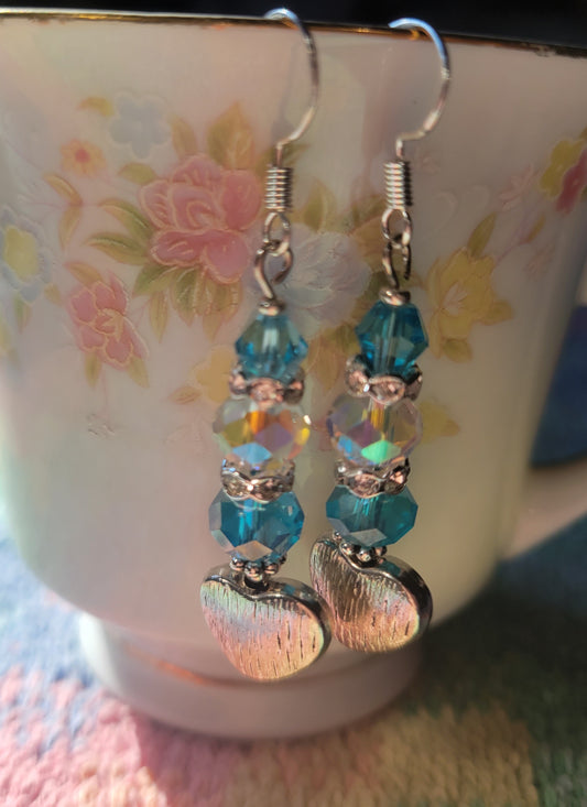 Artisan Elegant Turquoise HEART Crystal Dangle Drop Silver Earrings Rhinestones