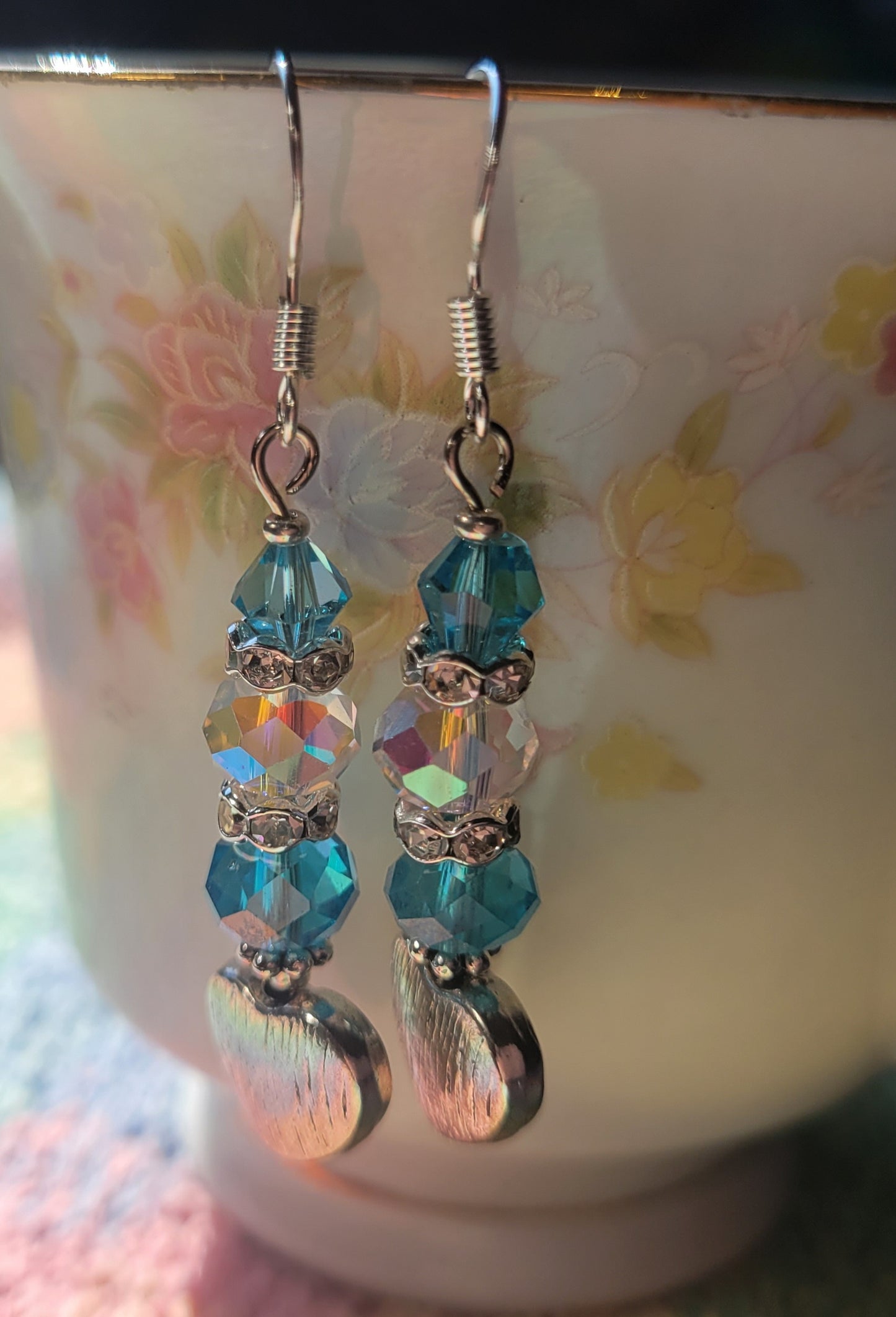Artisan Elegant Turquoise HEART Crystal Dangle Drop Silver Earrings Rhinestones