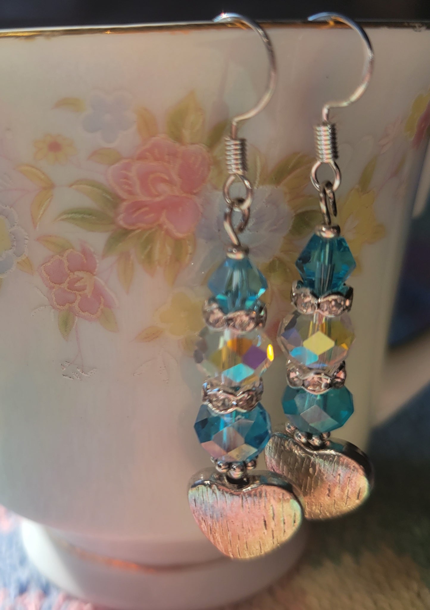 Artisan Elegant Turquoise HEART Crystal Dangle Drop Silver Earrings Rhinestones