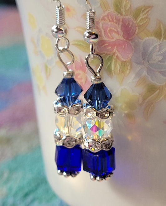 Artisan Elegant ROYAL BLUE  Crystal Dangle Drop Silver Earrings Rhinestones 💙