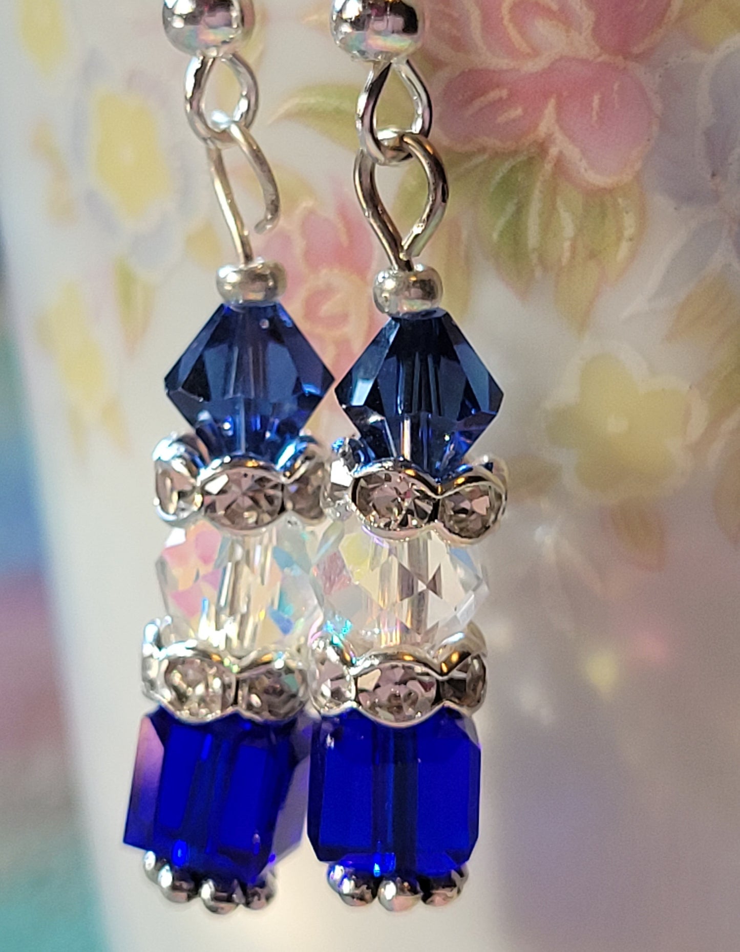 Artisan Elegant ROYAL BLUE  Crystal Dangle Drop Silver Earrings Rhinestones 💙