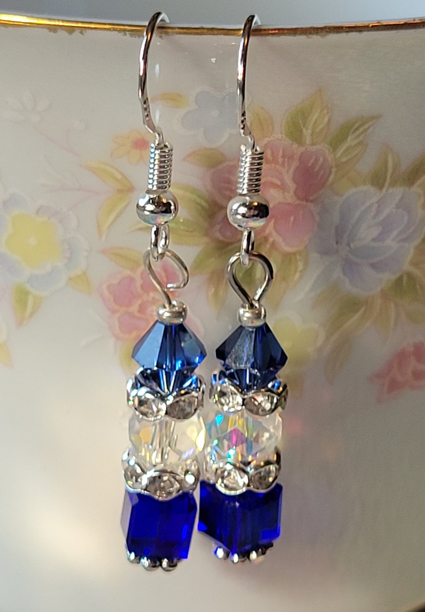 Artisan Elegant ROYAL BLUE  Crystal Dangle Drop Silver Earrings Rhinestones 💙