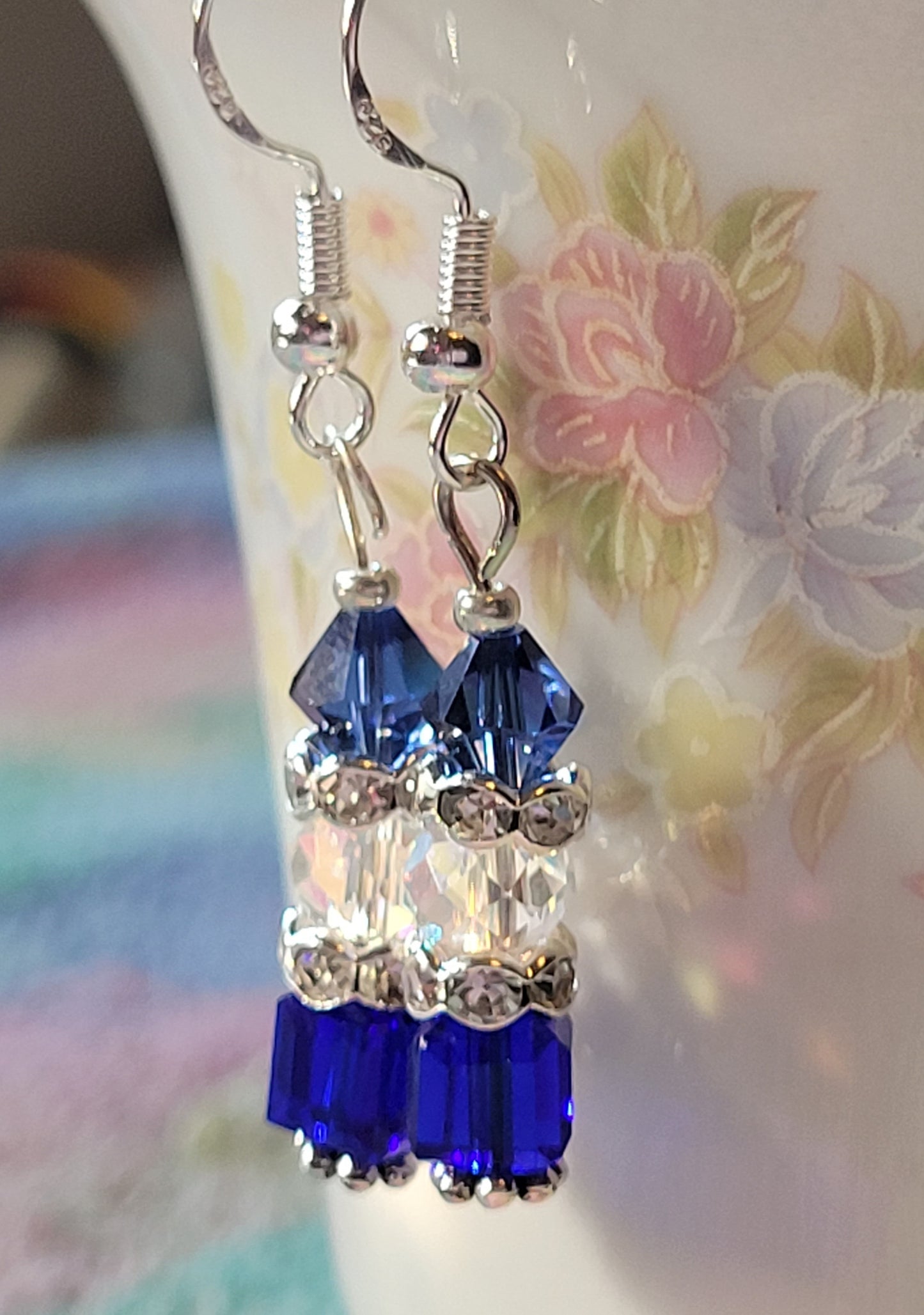 Artisan Elegant ROYAL BLUE  Crystal Dangle Drop Silver Earrings Rhinestones 💙