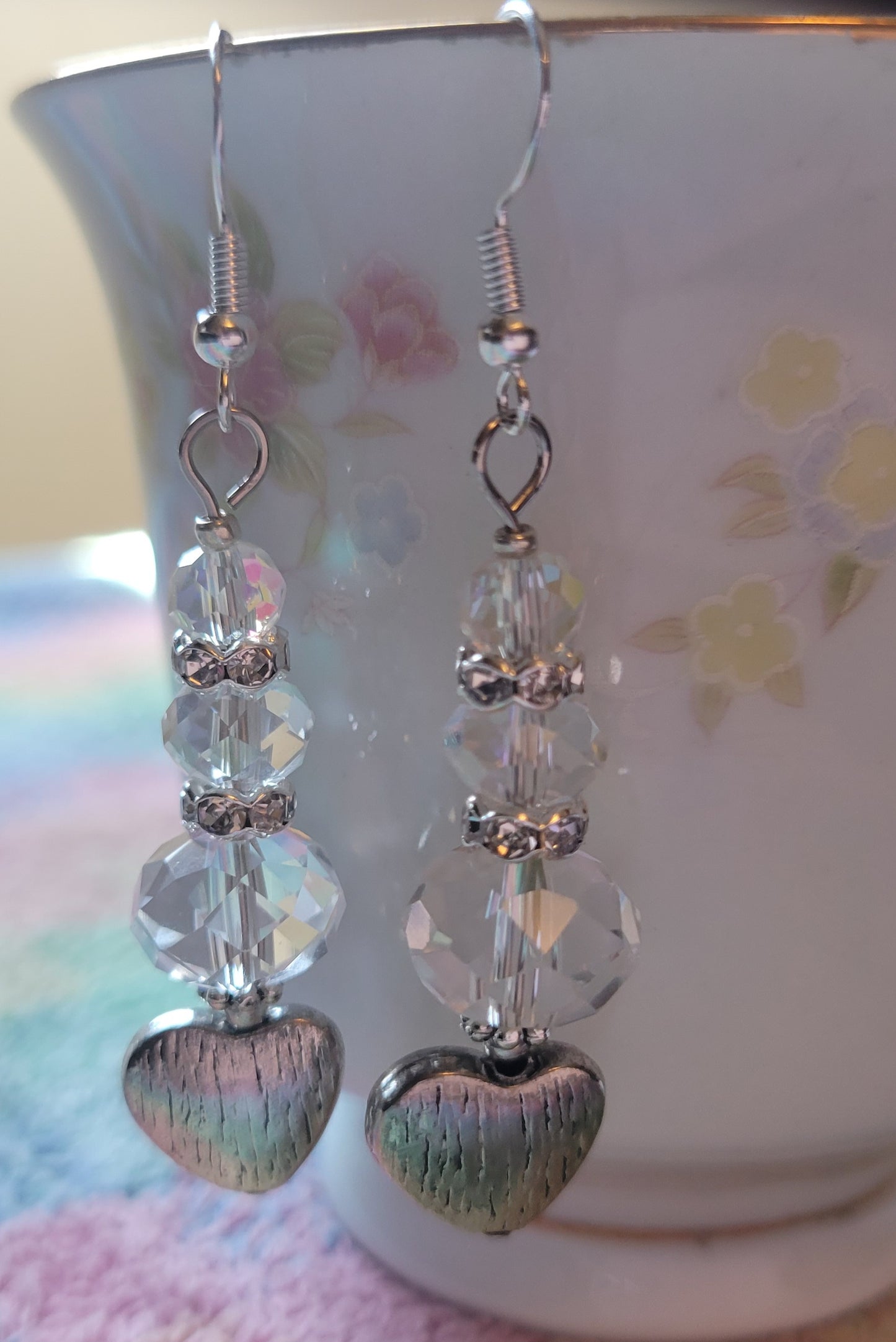 Artisan Elegant Silver HEART Clear  Crystal Dangle Drop Earrings Rhinestones
