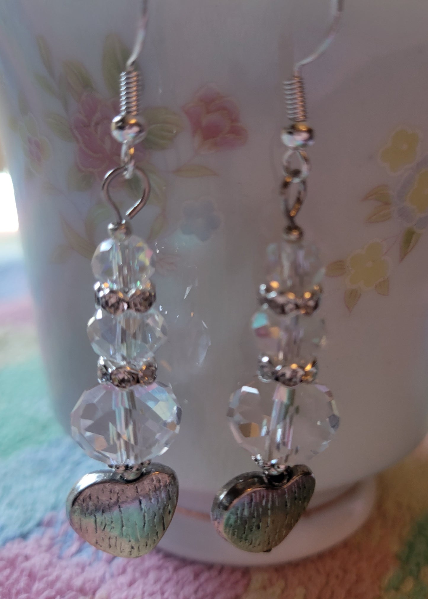 Artisan Elegant Silver HEART Clear  Crystal Dangle Drop Earrings Rhinestones