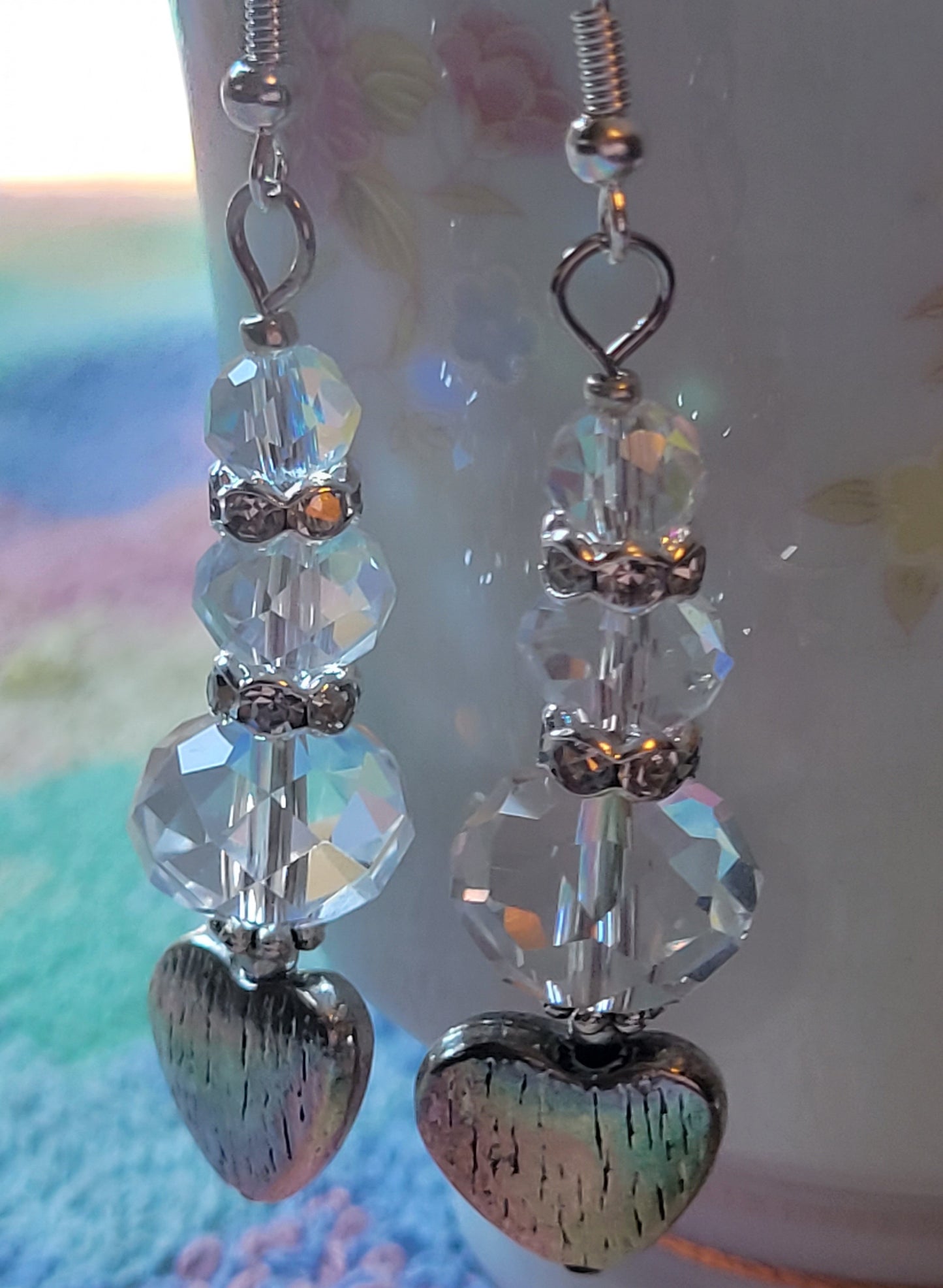 Artisan Elegant Silver HEART Clear  Crystal Dangle Drop Earrings Rhinestones