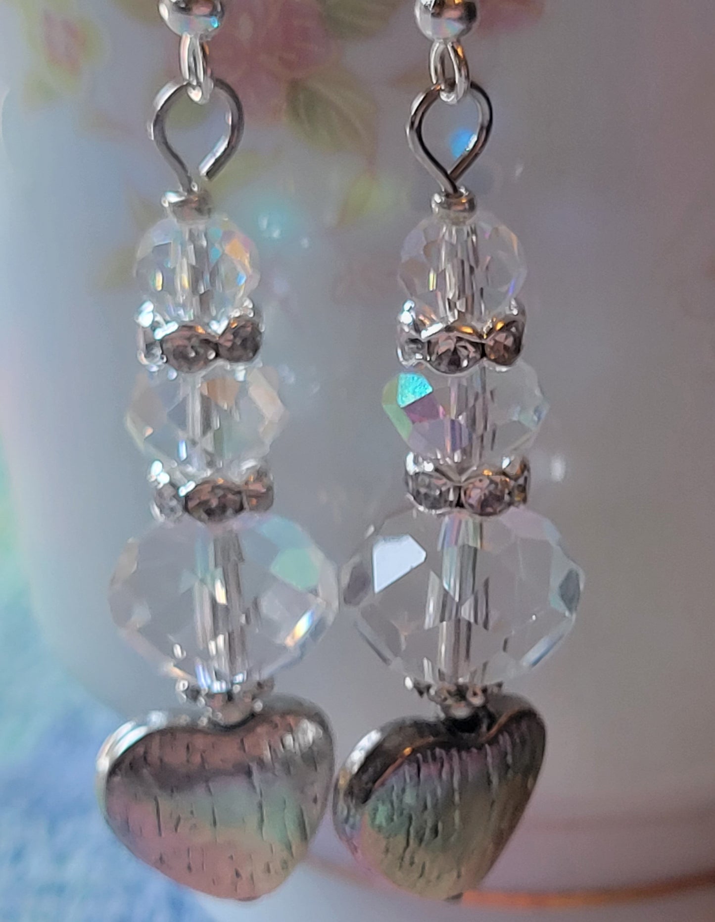 Artisan Elegant Silver HEART Clear  Crystal Dangle Drop Earrings Rhinestones