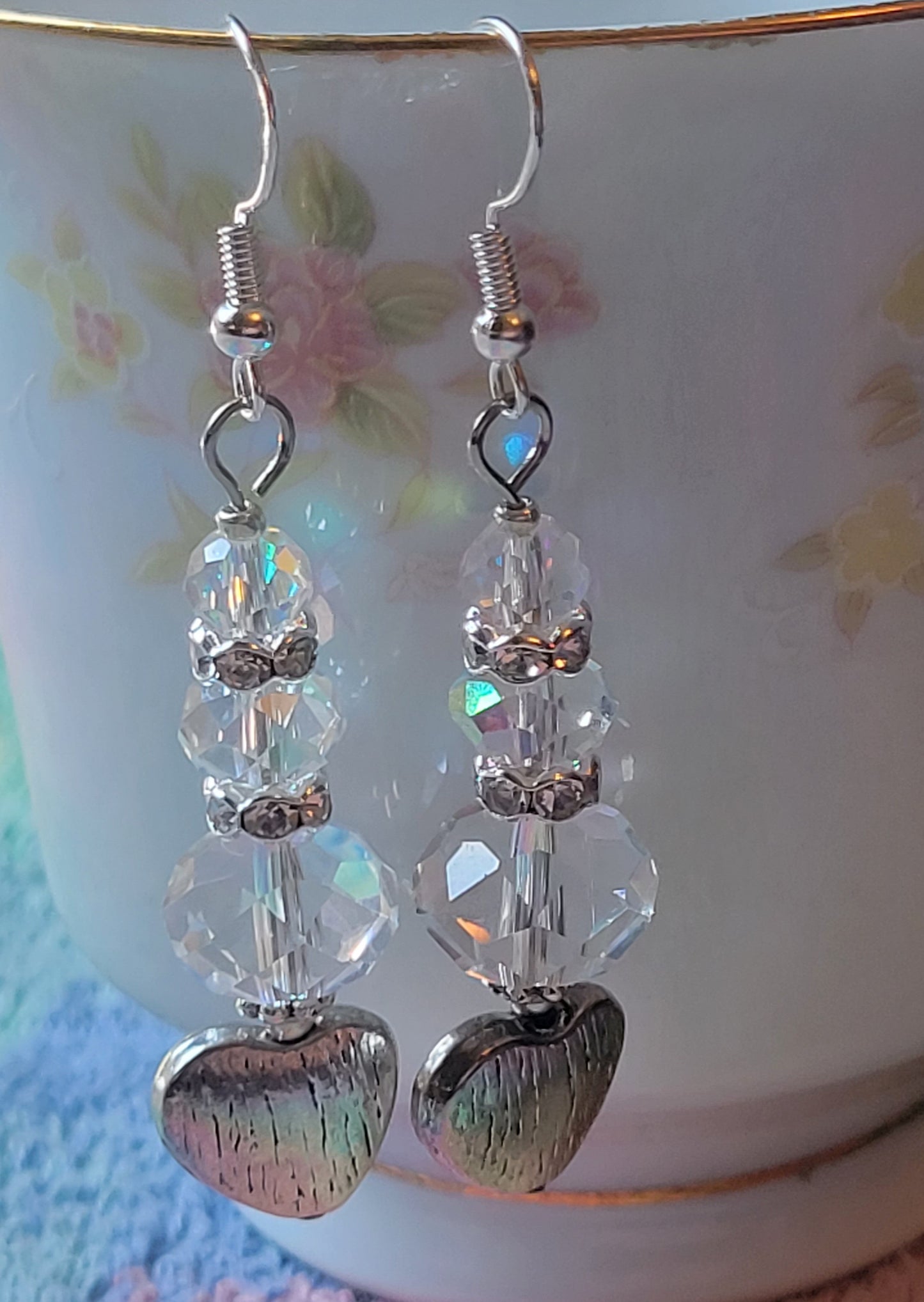 Artisan Elegant Silver HEART Clear  Crystal Dangle Drop Earrings Rhinestones