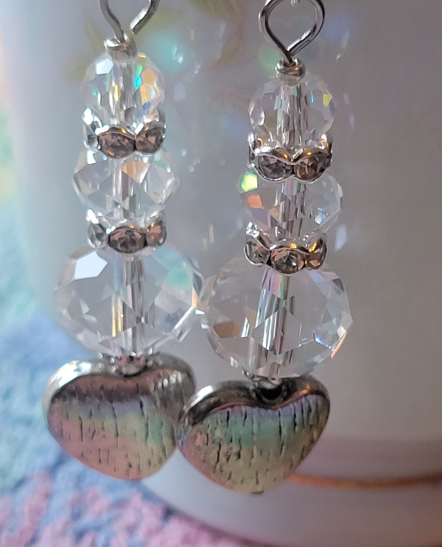 Artisan Elegant Silver HEART Clear  Crystal Dangle Drop Earrings Rhinestones