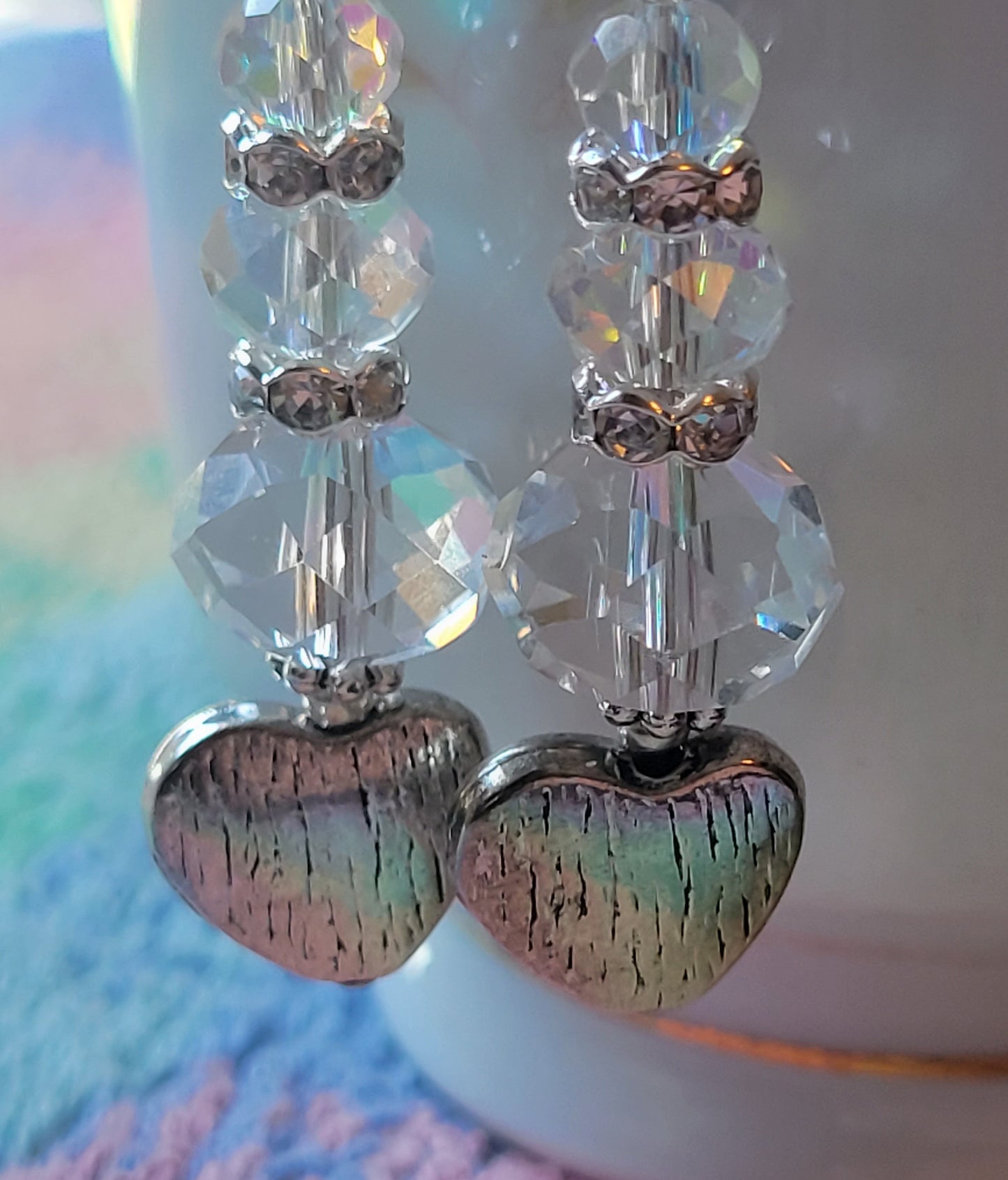 Artisan Elegant Silver HEART Clear  Crystal Dangle Drop Earrings Rhinestones
