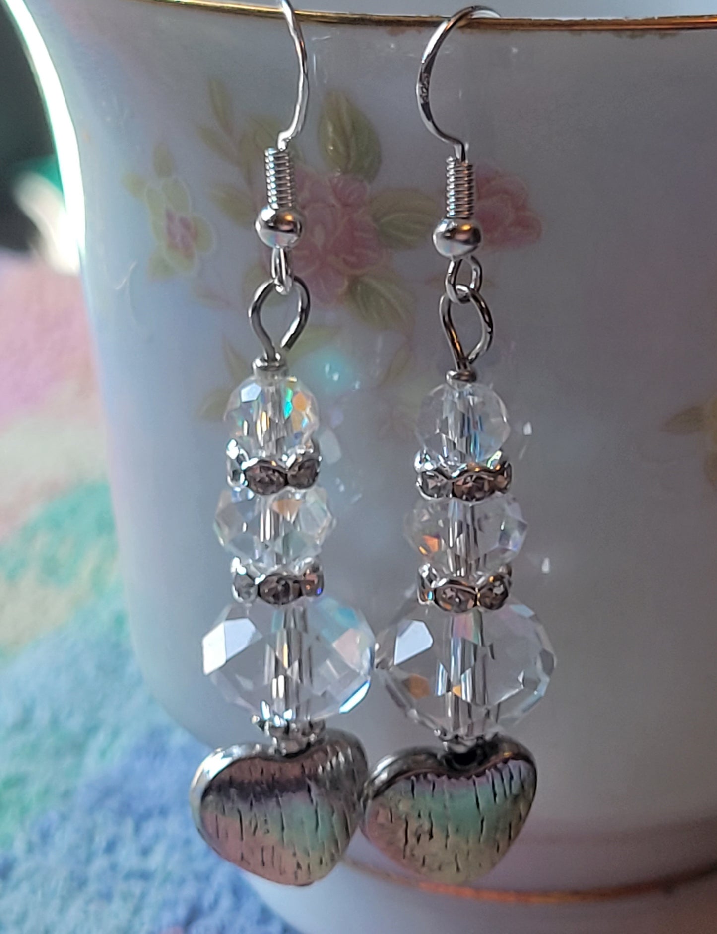 Artisan Elegant Silver HEART Clear  Crystal Dangle Drop Earrings Rhinestones