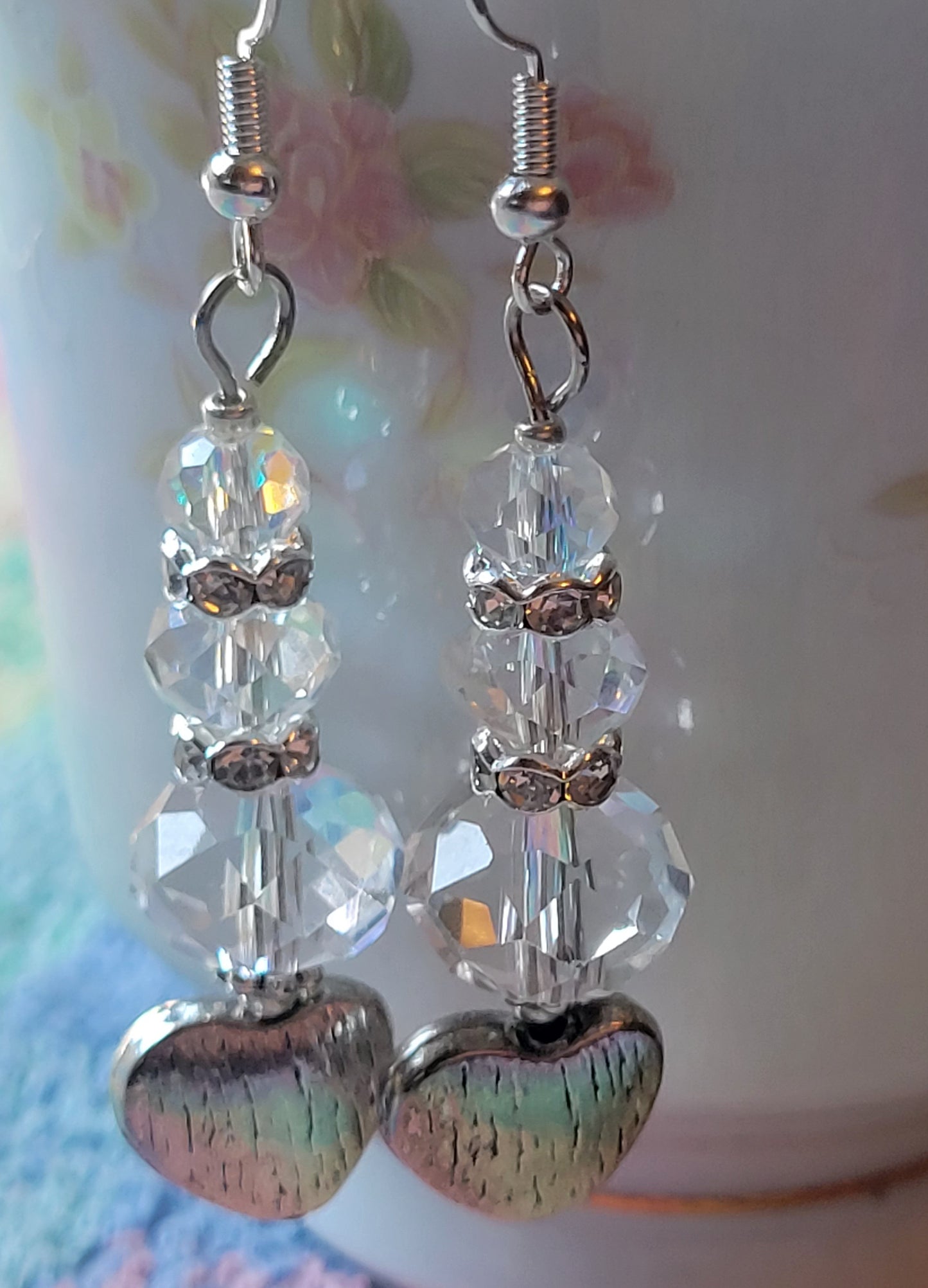Artisan Elegant Silver HEART Clear  Crystal Dangle Drop Earrings Rhinestones