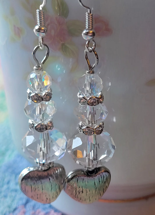 Artisan Elegant Silver HEART Clear  Crystal Dangle Drop Earrings Rhinestones