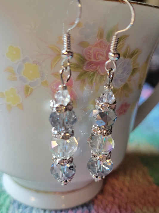 Artisan Elegant Light Gray Crystal Rhinestone Dangle Silver Pierced Earrings