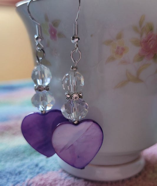 Artisan Elegant PURPLE HEART Clear Crystal Dangle Drop Earrings Rhinestones
