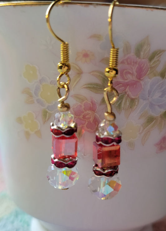 Artisan Exotic RED Crystal Dangle Drop Earrings French Wire Goldtone