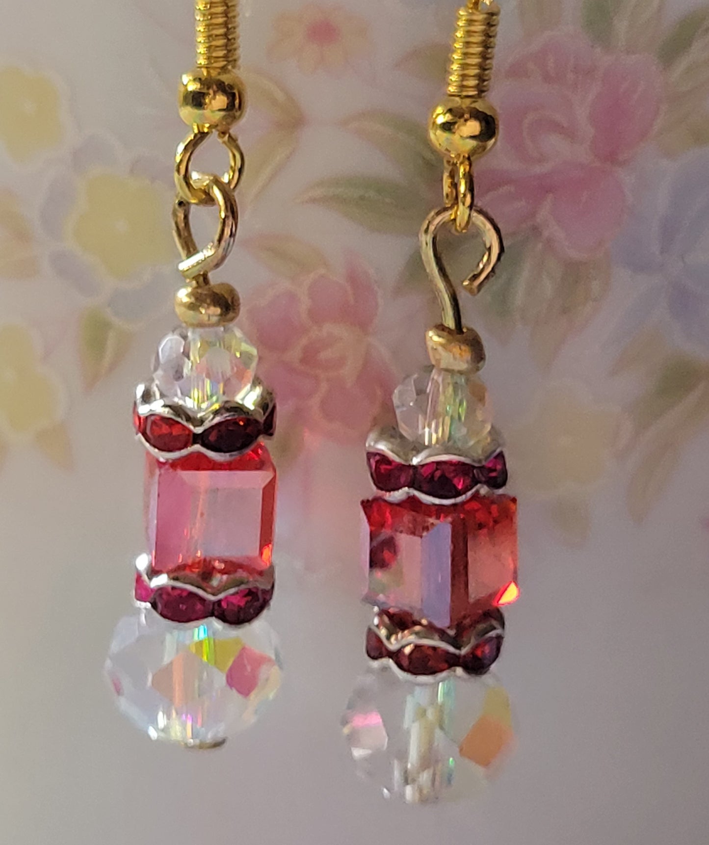 Artisan Exotic RED Crystal Dangle Drop Earrings French Wire Goldtone