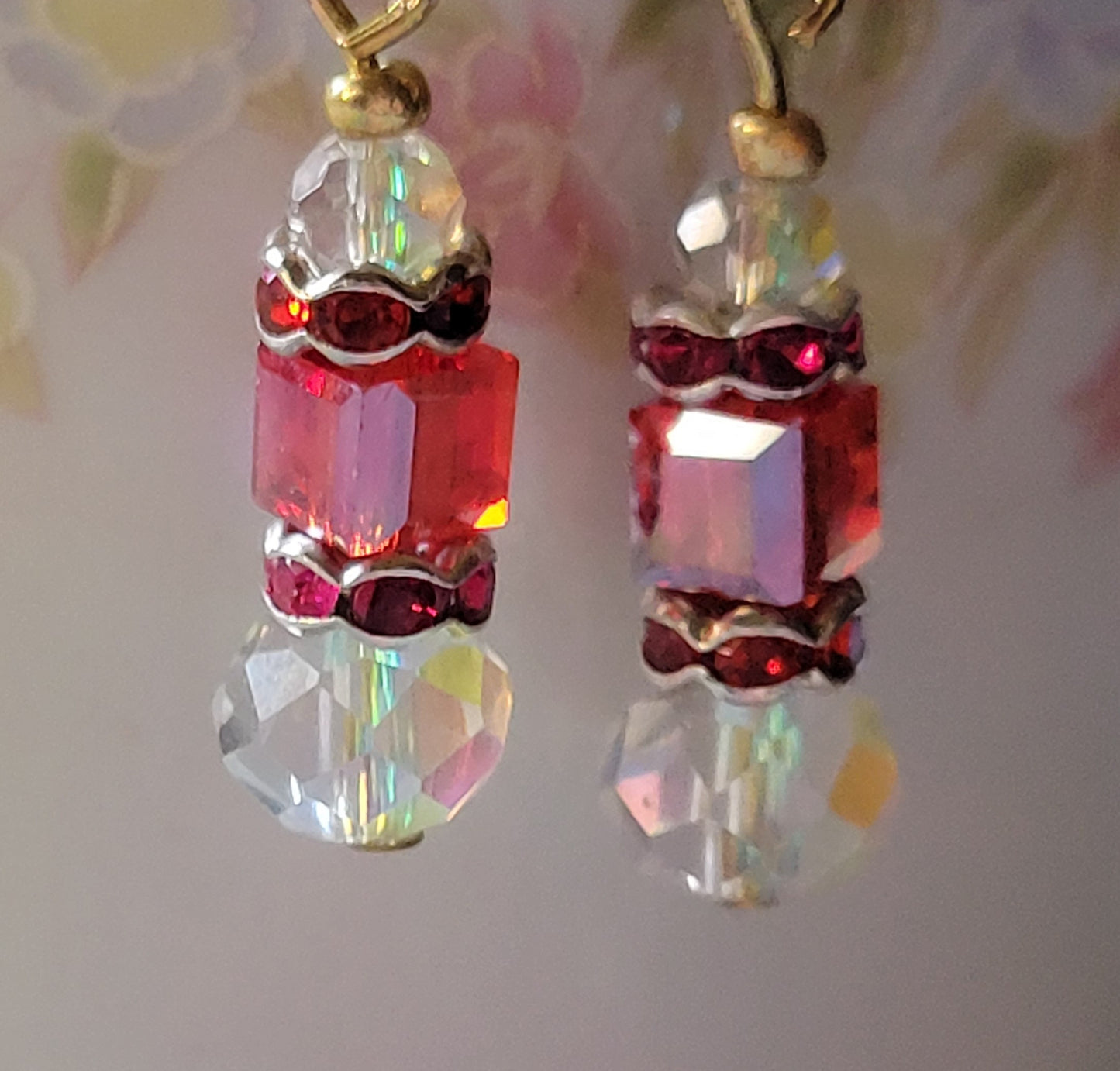 Artisan Exotic RED Crystal Dangle Drop Earrings French Wire Goldtone
