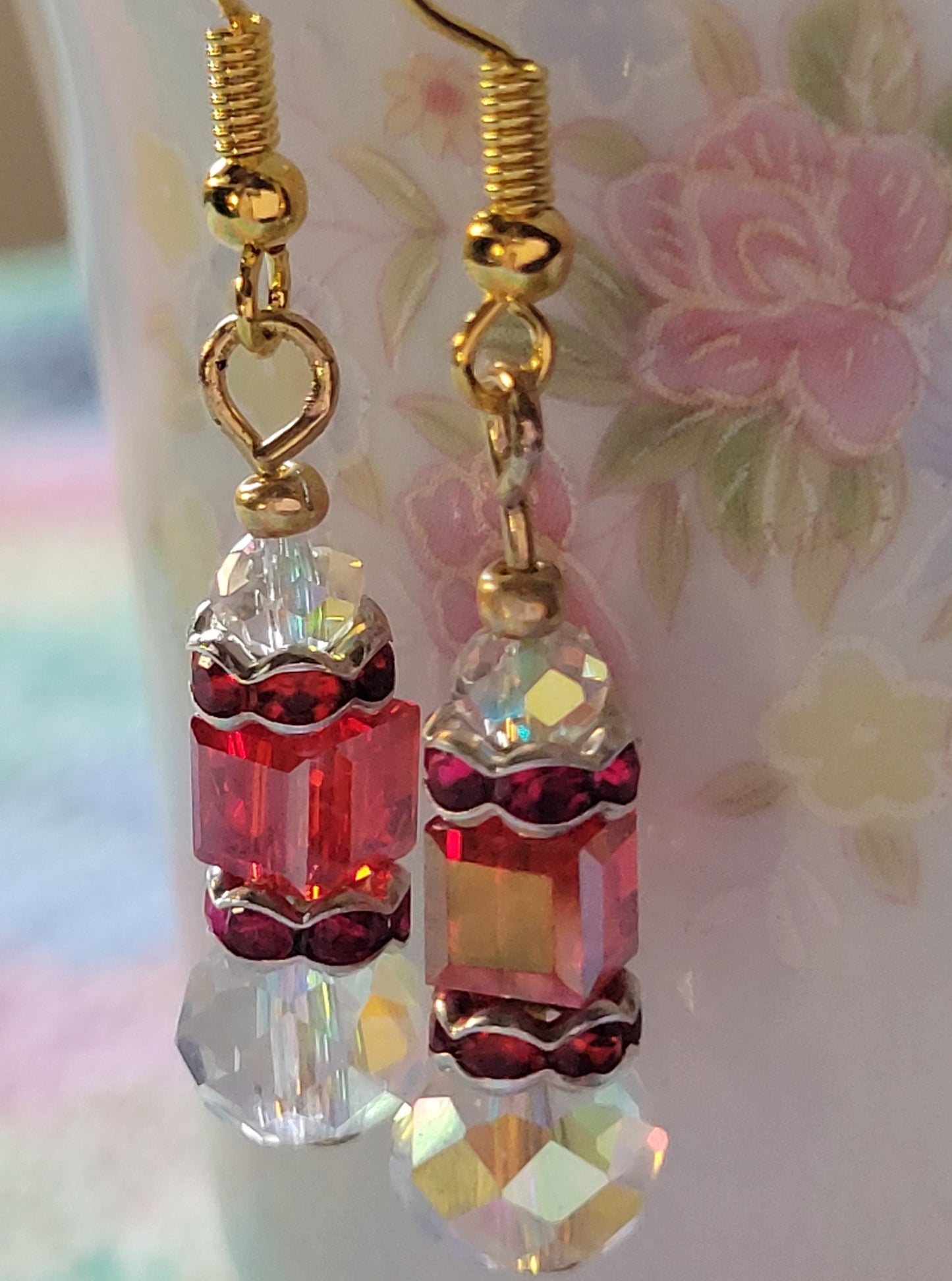 Artisan Exotic RED Crystal Dangle Drop Earrings French Wire Goldtone