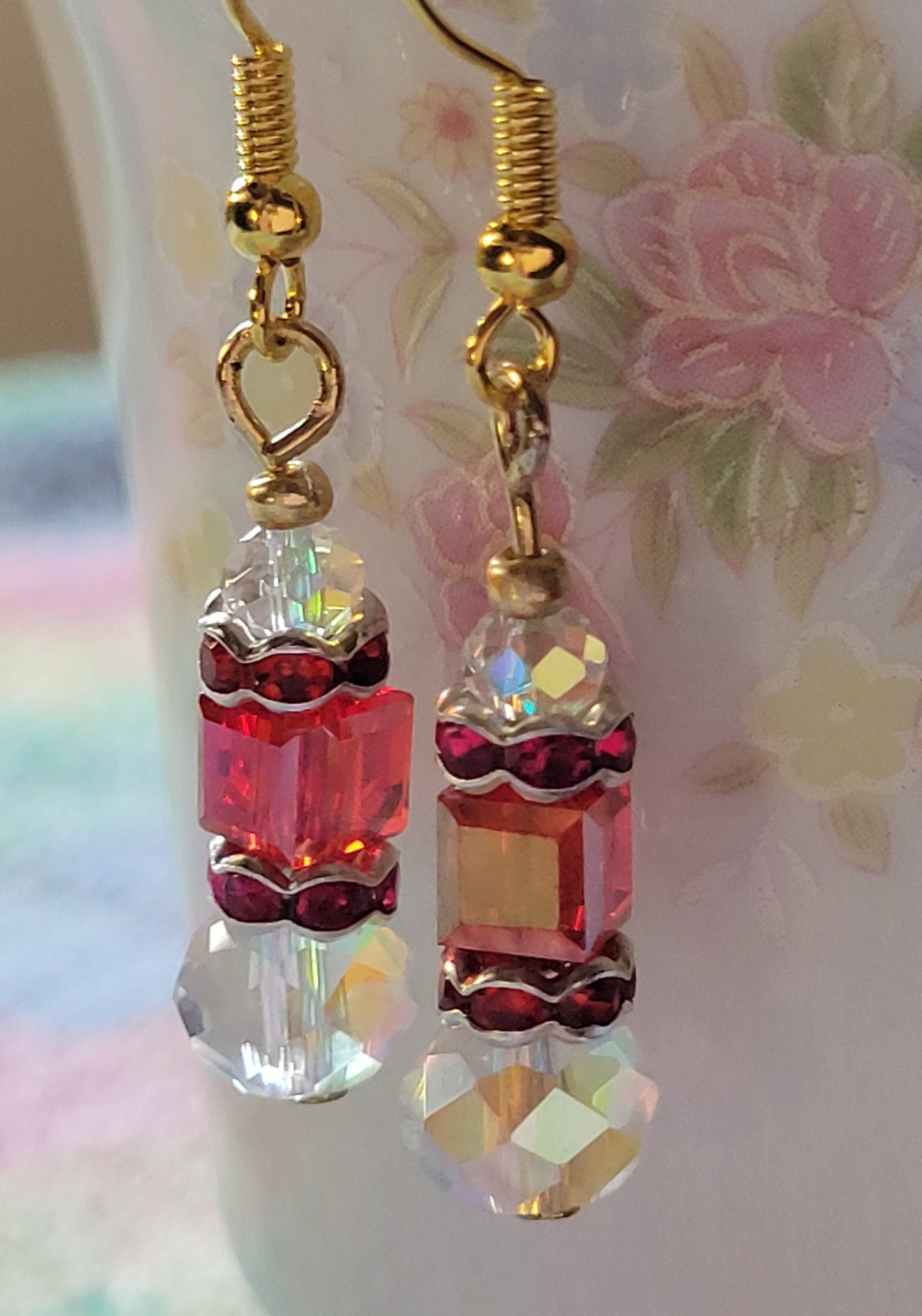 Artisan Exotic RED Crystal Dangle Drop Earrings French Wire Goldtone