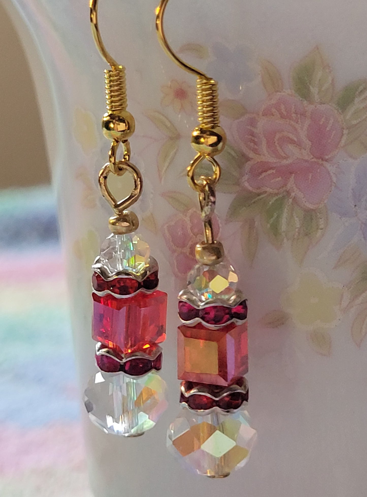 Artisan Exotic RED Crystal Dangle Drop Earrings French Wire Goldtone
