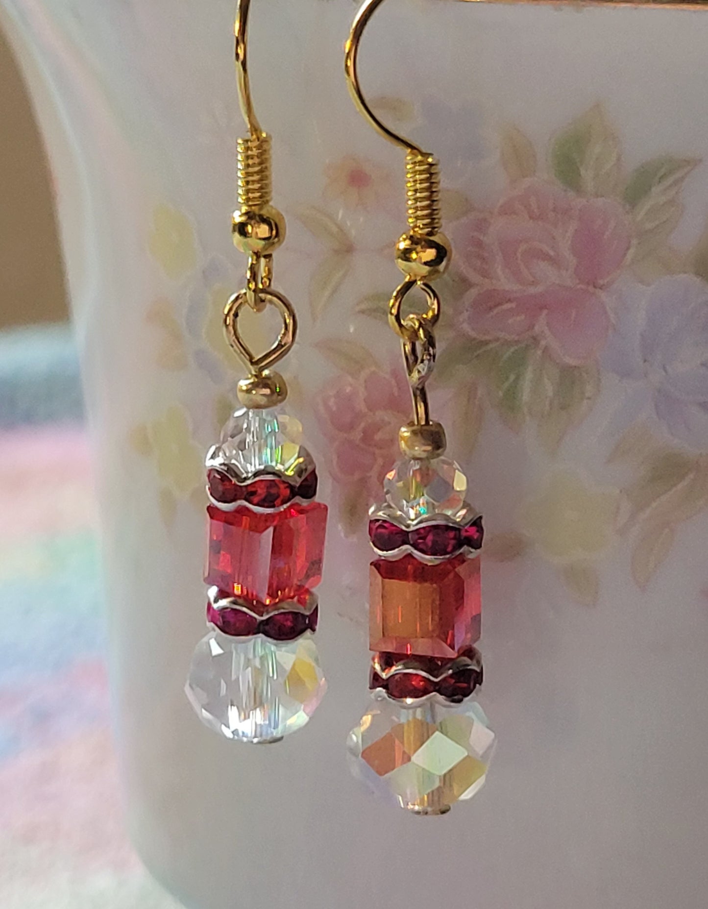 Artisan Exotic RED Crystal Dangle Drop Earrings French Wire Goldtone