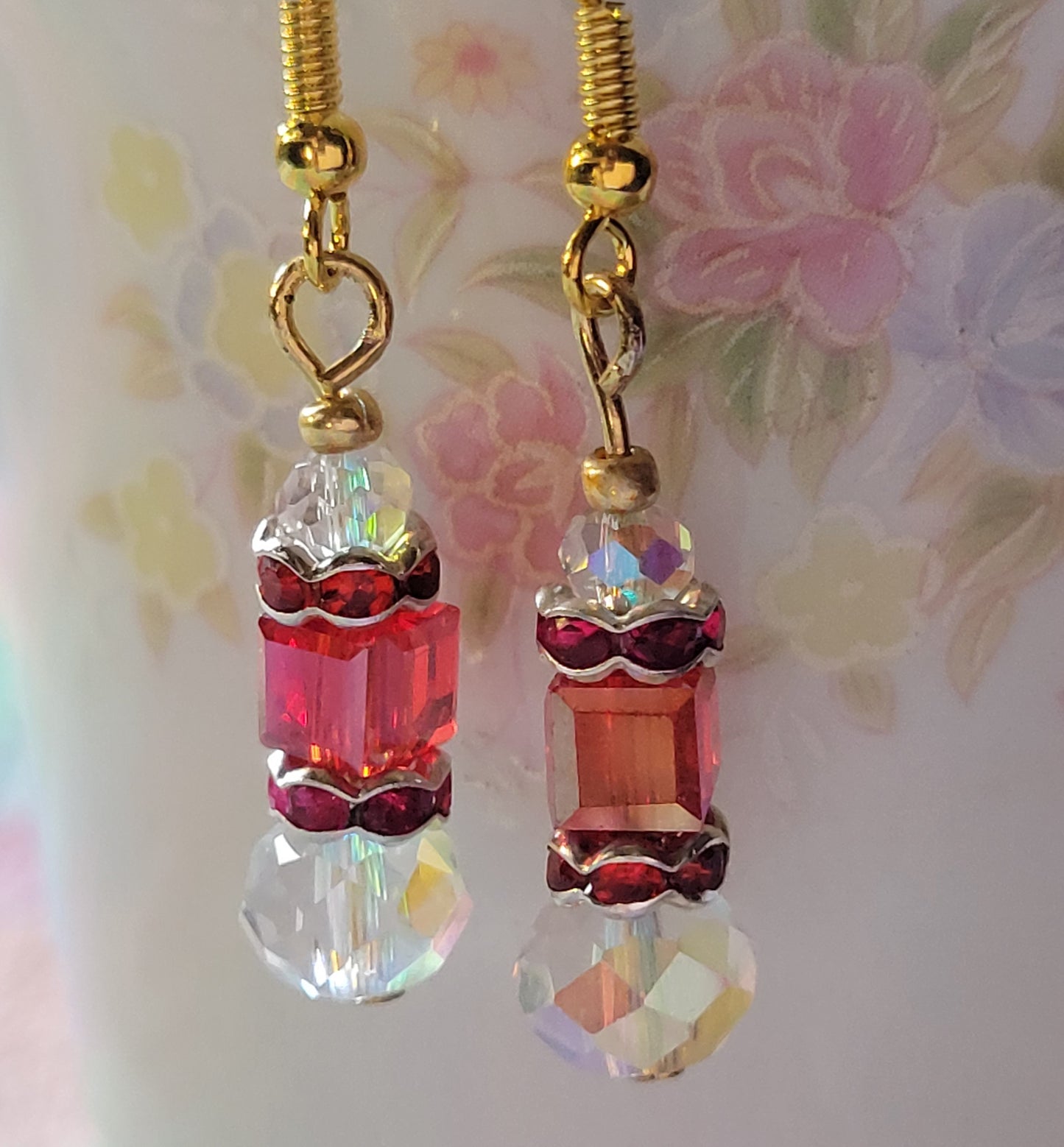 Artisan Exotic RED Crystal Dangle Drop Earrings French Wire Goldtone