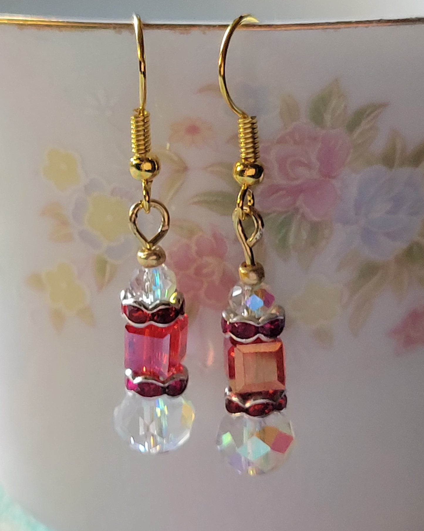 Artisan Exotic RED Crystal Dangle Drop Earrings French Wire Goldtone
