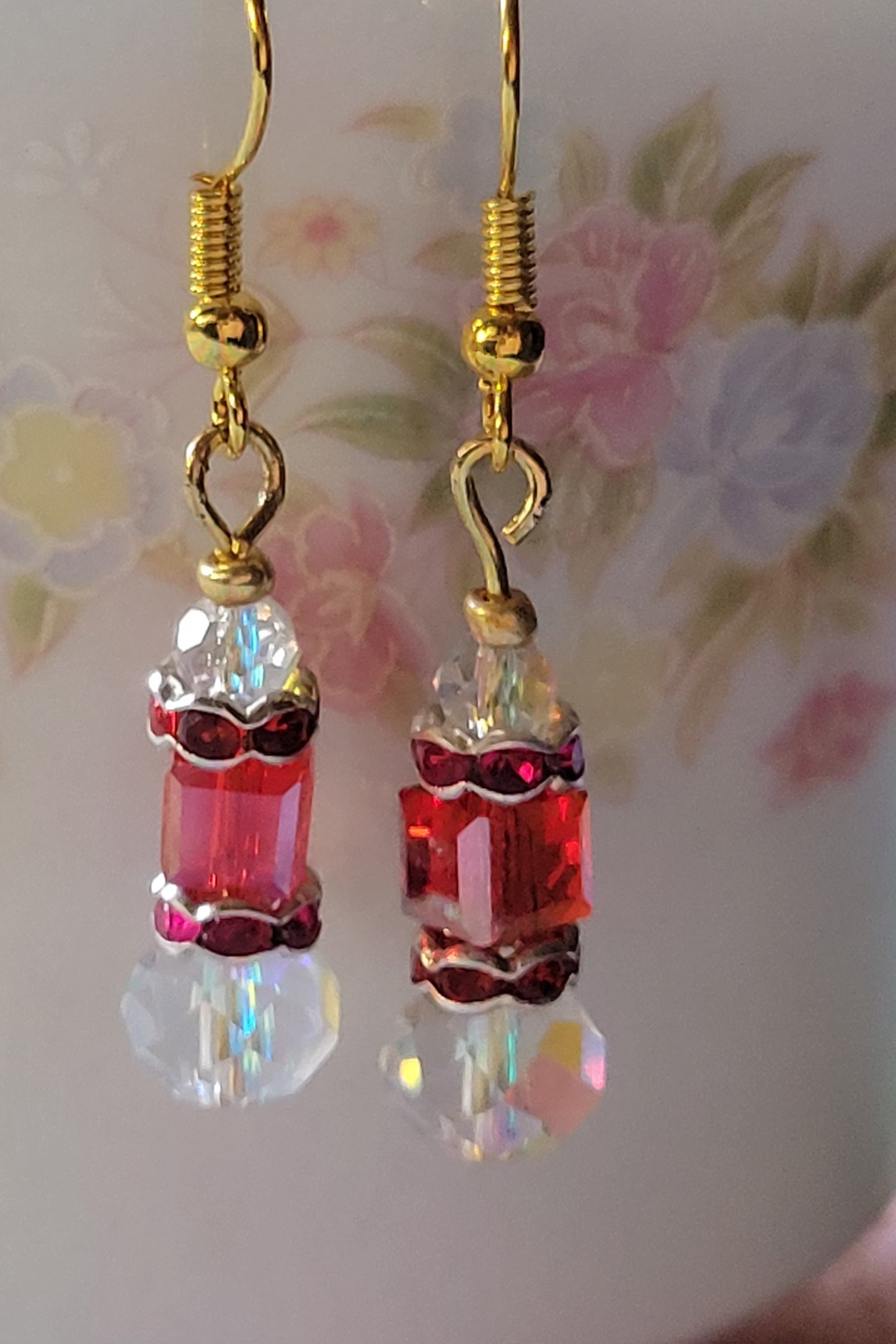 Artisan Exotic RED Crystal Dangle Drop Earrings French Wire Goldtone