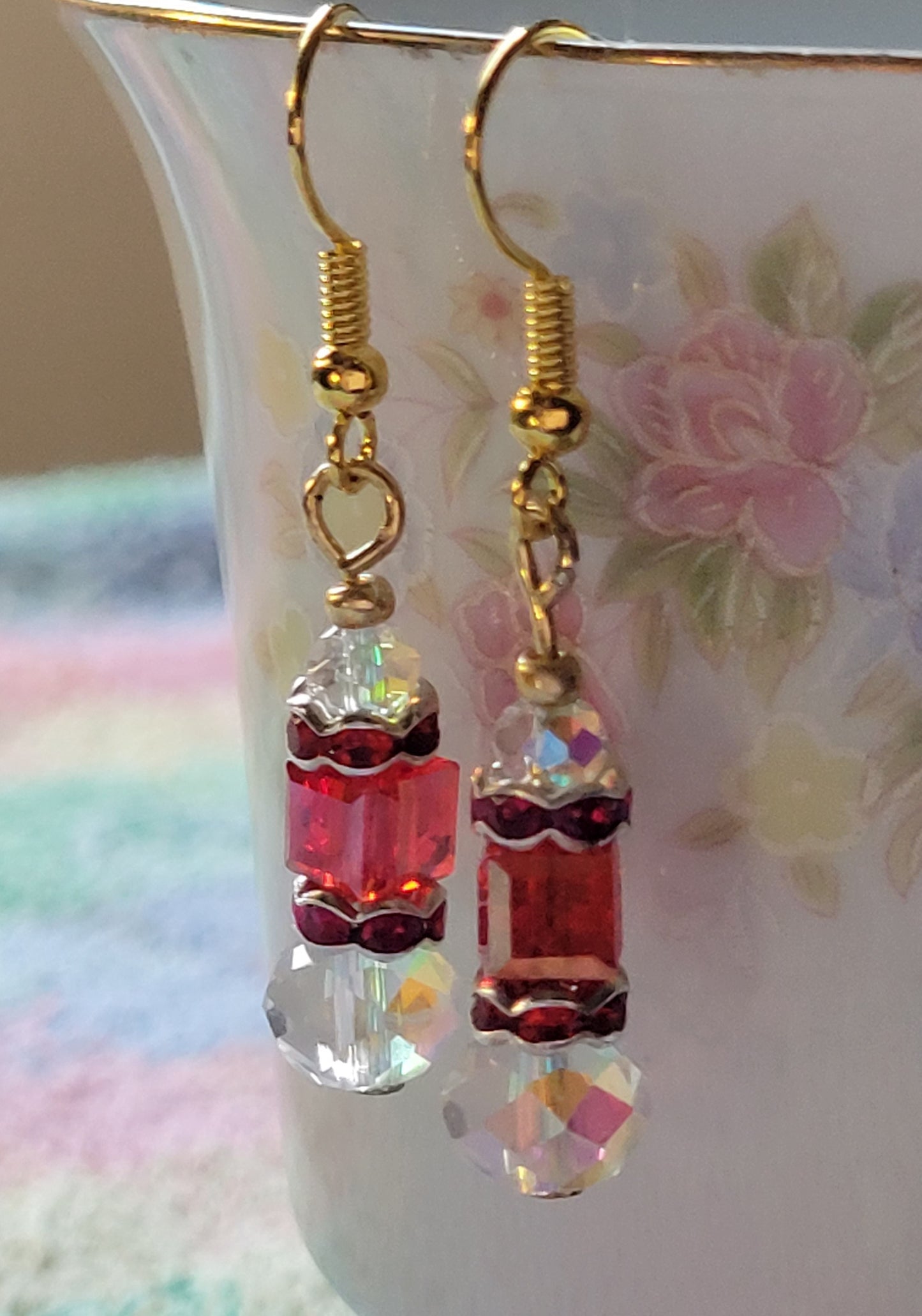 Artisan Exotic RED Crystal Dangle Drop Earrings French Wire Goldtone