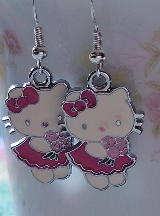 Hello Kitty Pierced Dangle Earrings  Burgundy Dress And Flowers