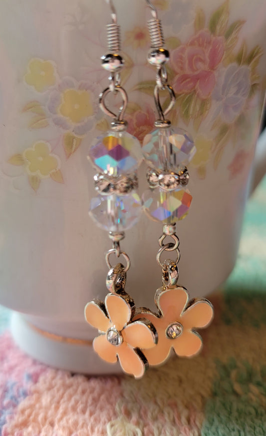 Peach Daisy Crystal Long Dangle Drop Pierced Earrings Silvertone