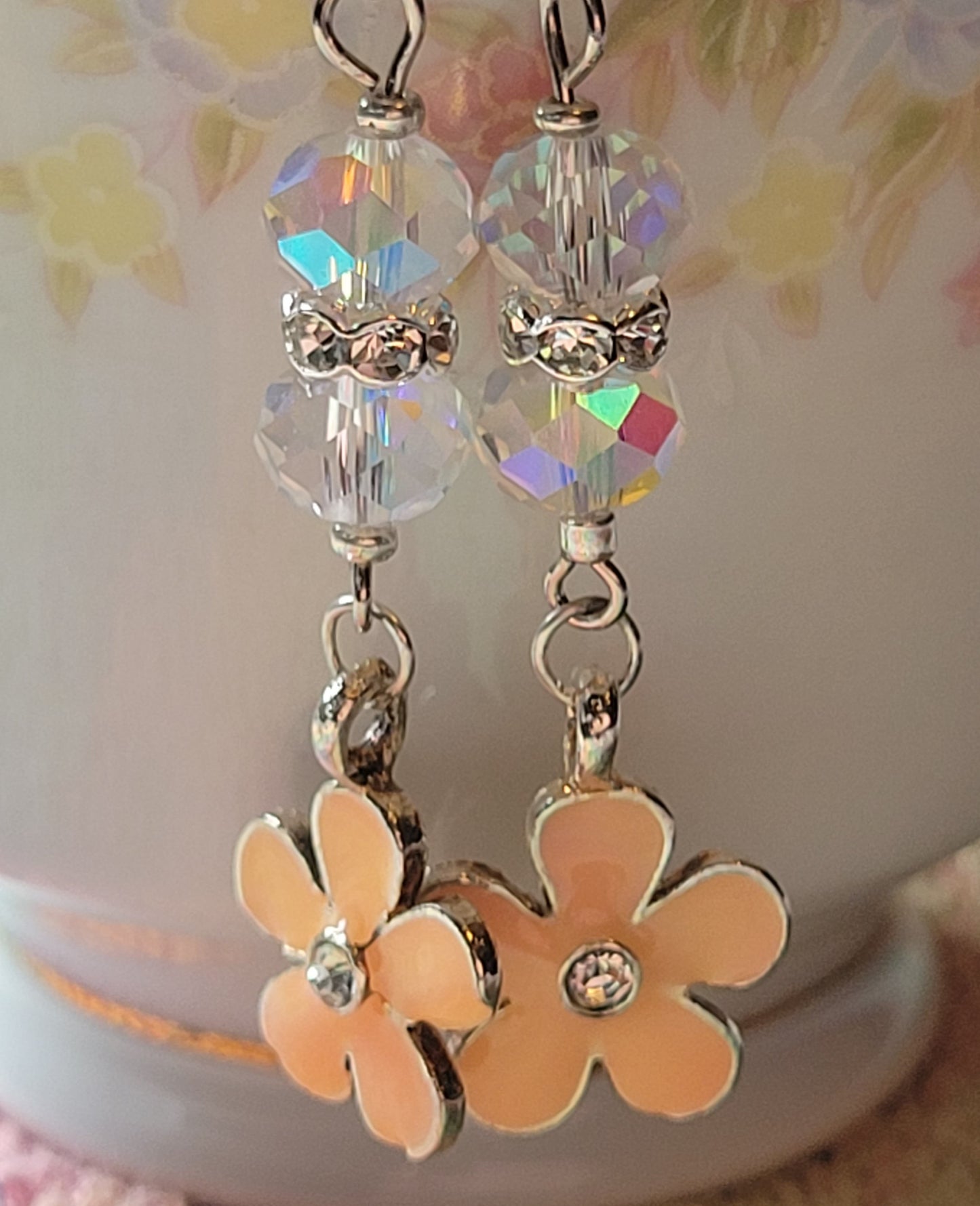 Peach Daisy Crystal Long Dangle Drop Pierced Earrings Silvertone