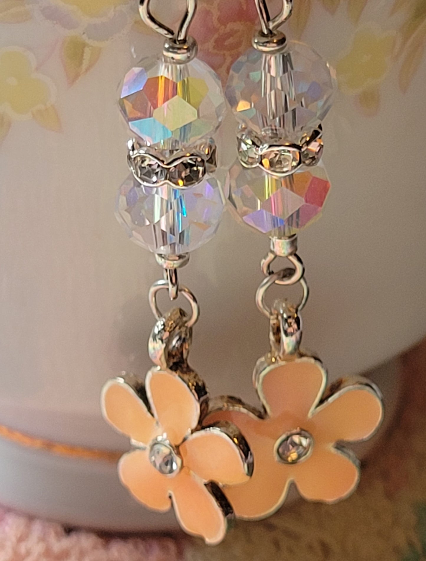 Peach Daisy Crystal Long Dangle Drop Pierced Earrings Silvertone