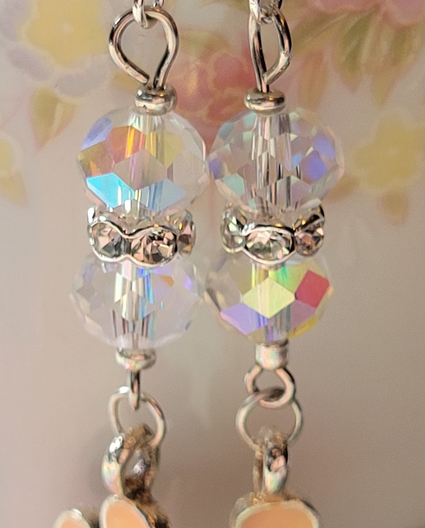 Peach Daisy Crystal Long Dangle Drop Pierced Earrings Silvertone